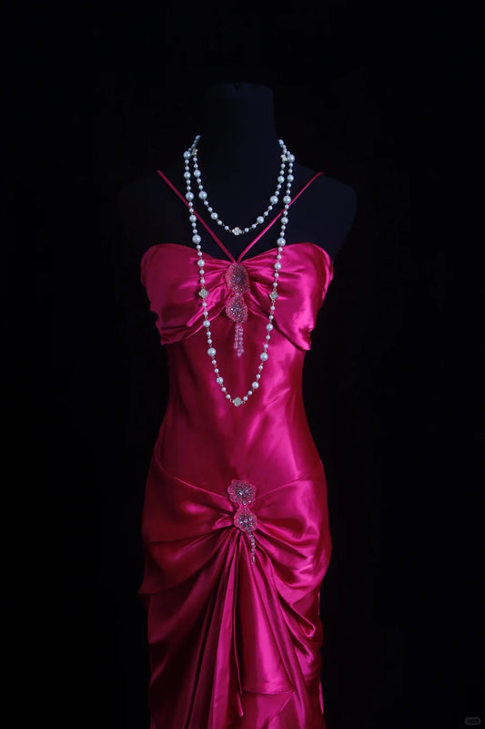 Vintage Prom Dresses 1950s High Low Halter Fuchsia With Beading Sleeveless Evening Formal Outfits RB4329