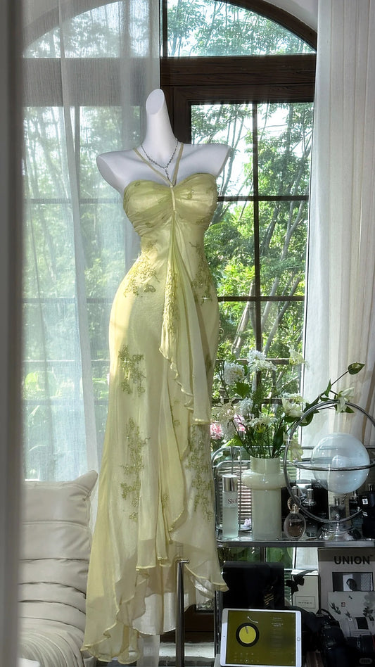 Modest Prom Dresses Mermaid Halter Green Chiffon Sleeveless Evening Outfits N3570