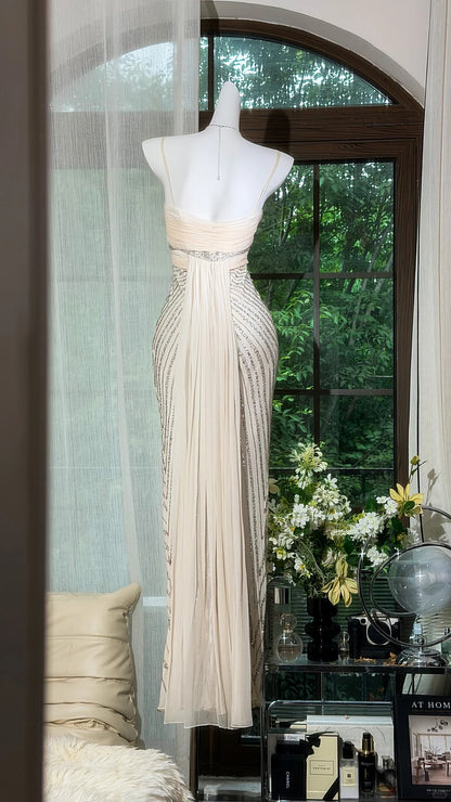 Sparkly Mermaid Spaghetti Strap White With Silver Beading Chiffon Floor Length Prom Dresses Inspo Formal Outfits RB4515