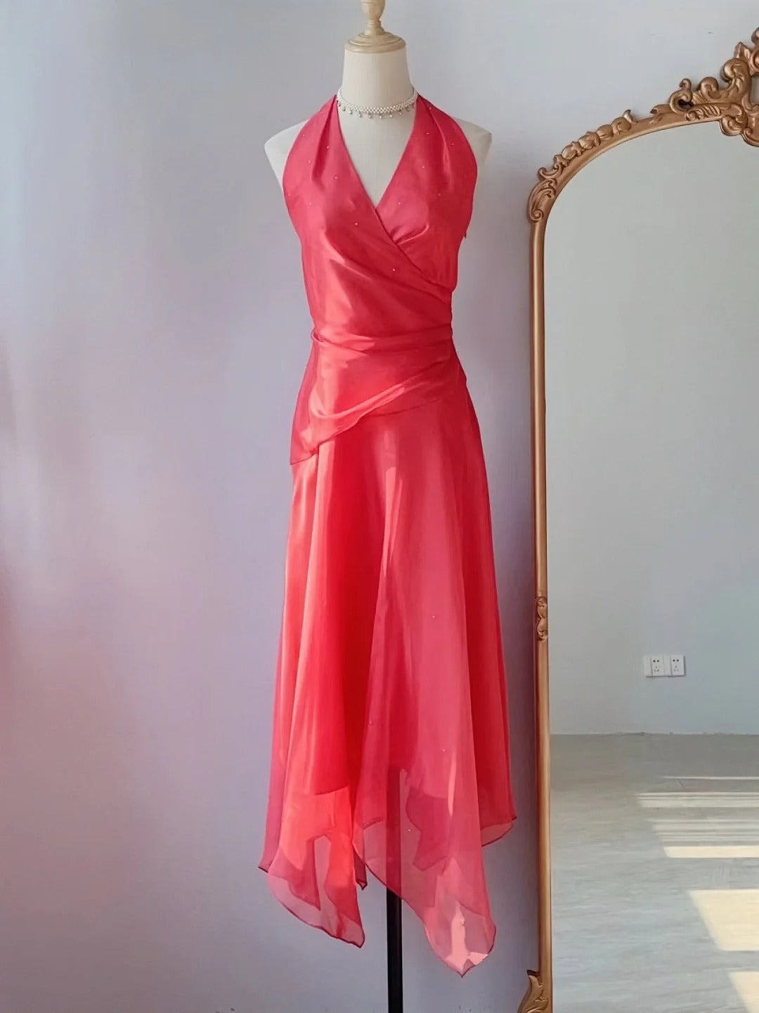 Modest A Line Halter Sleeveless Pink Chiffon Spring Summer Event Outfits Wedding Guest Dresses RB3235