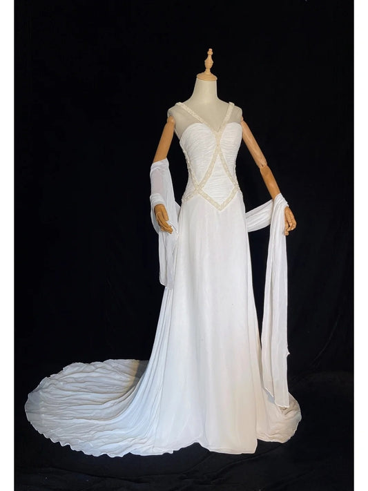 Romantic Wedding Dresses Mermaid Halter Chiffon With Beaded White Long Bridal Gown N3404