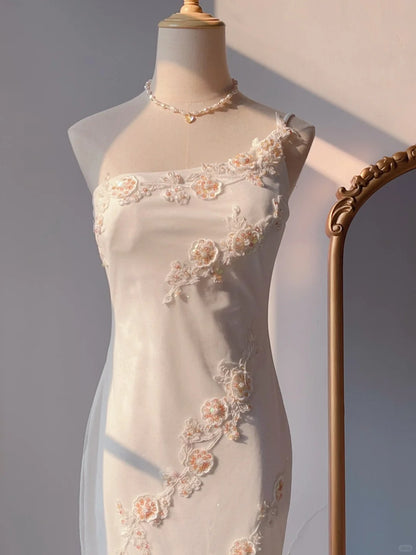 Vintage Mermaid One Shoulder White With Appliqued Chiffon Long Prom Dresses Formal Outfits RB3892