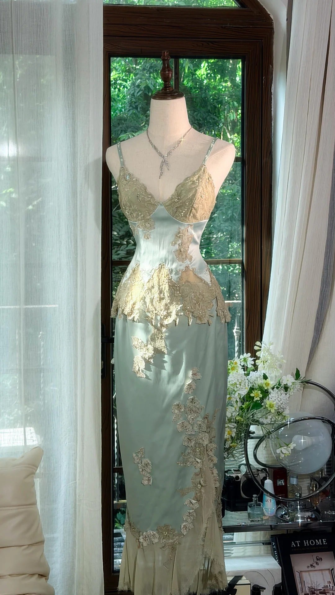 Flamboyant Sheath Spaghetti Strap Green With Lace Bodice Midi Date Night Evening Outfit Formal Prom Dresses RB5279