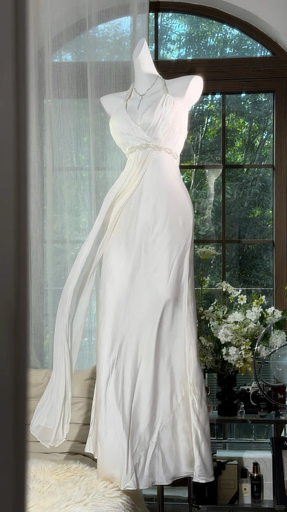 Flamboyant Mermaid Halter Chiffon White Long Date Night Evening Outfit Formal Prom Dresses RB5277
