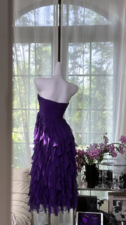 Charmantes robes de bal trapèze bustier cœur en mousseline violette longueur mi-mollet tenues de soirée N3581