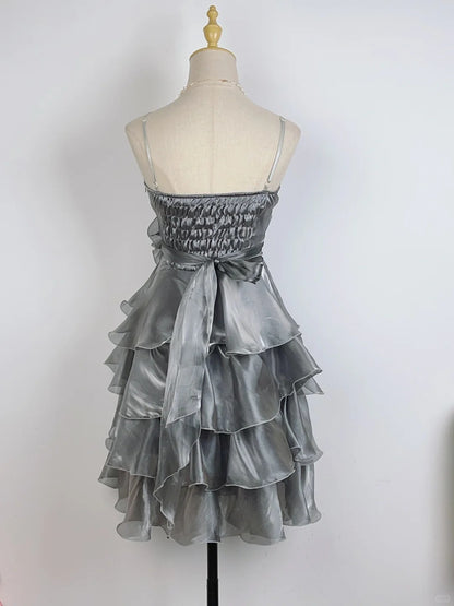 Vintage A line Spaghetti Strap Grey 9th Grade Short Senior Inspo Birthday 18th Party Outfits Homecoming Dresses RB3909