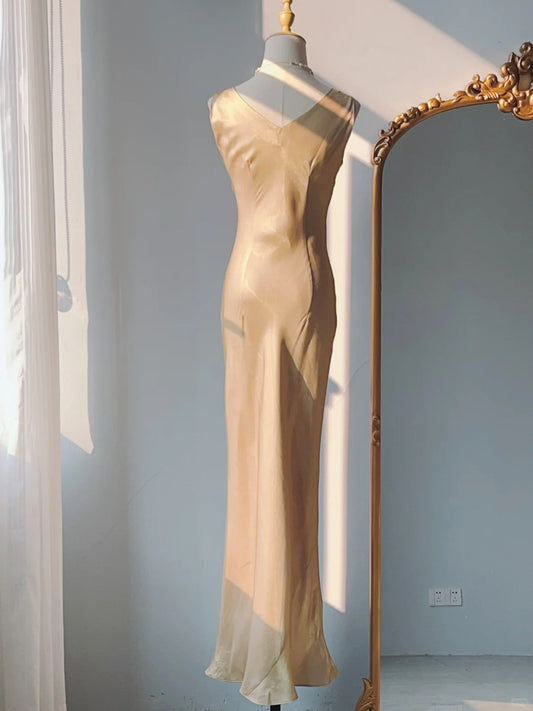 Vintage Prom Dresses 90s Mermaid Cowl Neck Gold With Ruffles Sleeveless Long Evening Formal Outfits RB4253