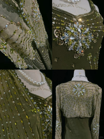 Élégante Robe de Bal Chic Coupe A Ligne Vert Olive Bretelles Spaghetti Mousseline Sans Manches avec Perles Robe de Soirée Semi-Formelle N3797