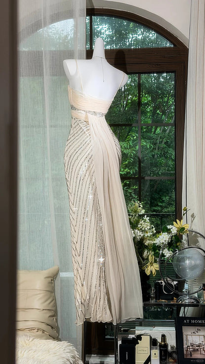 Sparkly Mermaid Spaghetti Strap White With Silver Beading Chiffon Floor Length Prom Dresses Inspo Formal Outfits RB4515