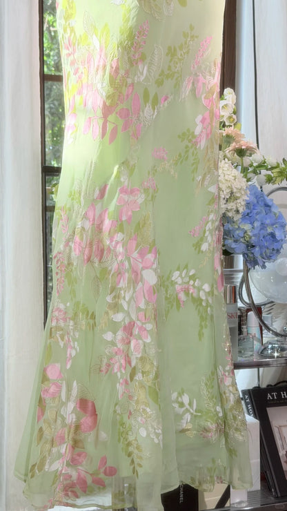 Vintage Mermaid Spaghetti Strap Mint Green Chiffon Floral Prom Dress Formal Outfits Party Dresses RB7562