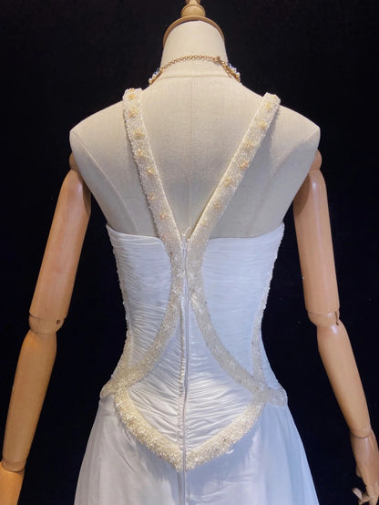 Robes de mariée romantiques Sirène Halter Chiffon avec perles Blanches Longue Robe de mariée N3404
