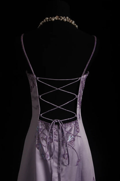 Vintage Prom Dresses 90s Mermaid Spaghetti Strap Lilac Satin Backless Long With Beading Evening Formal Outfits RB5144
