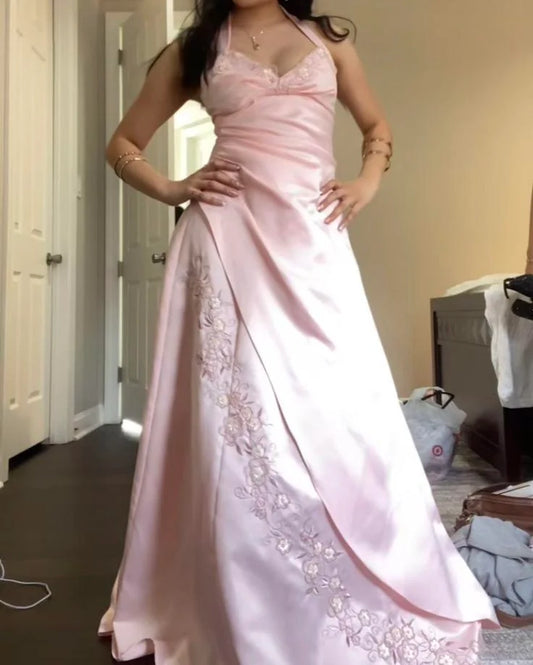 Classy A line Halter Pink Long Prom Dresses Party Dress 18th Birthday Outfits Graduation Dress N1660