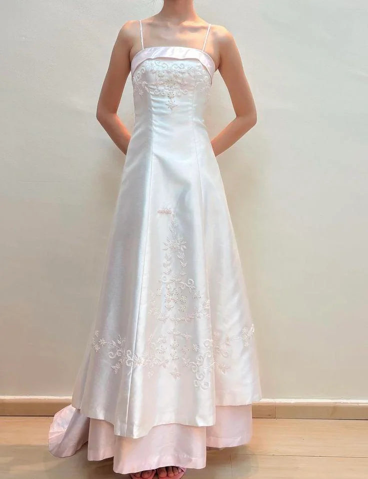 Vintage 80er Jahre A-Linien-Kleid mit Spaghettiträgern, hellrosa, für High School, Teenager, Abschlussball, langes Abschlusskleid N1659