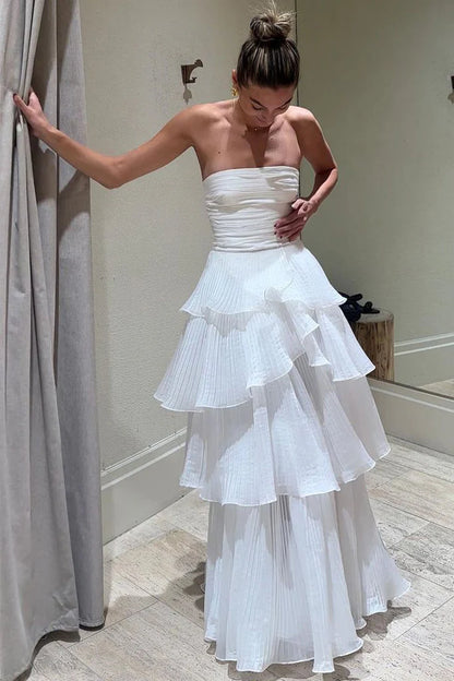 Robe de bal longue à volants sans bretelles, élégante, coupe trapèze, froncée, AB198