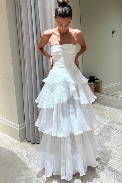 Robe de bal longue à volants sans bretelles, élégante, coupe trapèze, froncée, AB198
