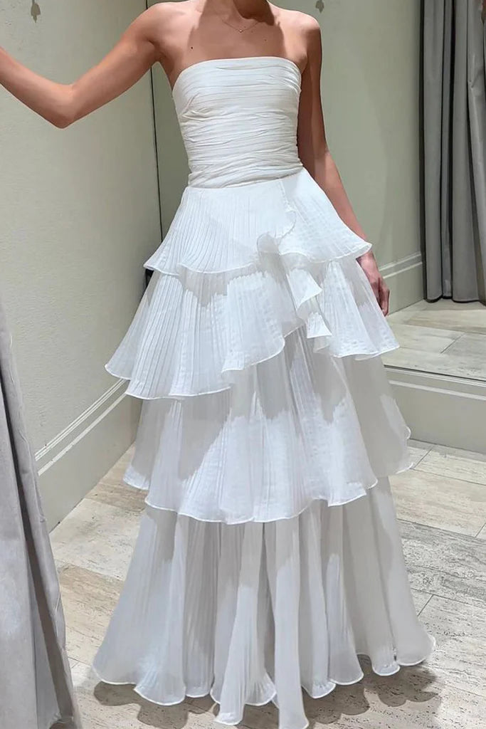 Robe de bal longue à volants sans bretelles, élégante, coupe trapèze, froncée, AB198