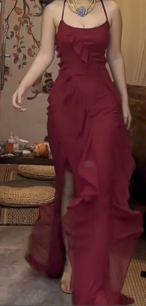 Robe de soirée sirène sexy en mousseline de soie à fines bretelles et sans manches AB953